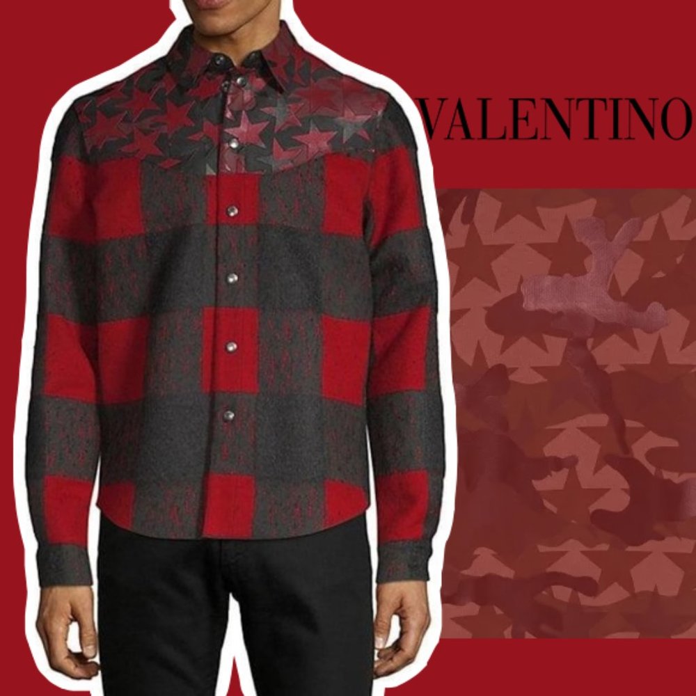 VALENTINO Buffalo Shirt Jacket, Plaid & Leather - Picture 1 of 8